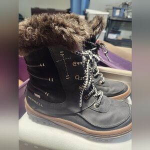 Merrell Women's Black Winter Boots with Brown Outsole and Faux-Fur Cuff